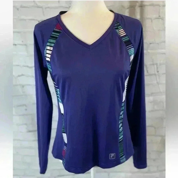 Fila Sport Women’s S Top V Neck Purple Poly Blend Reflective Logo Activewear - Picture 1 of 10